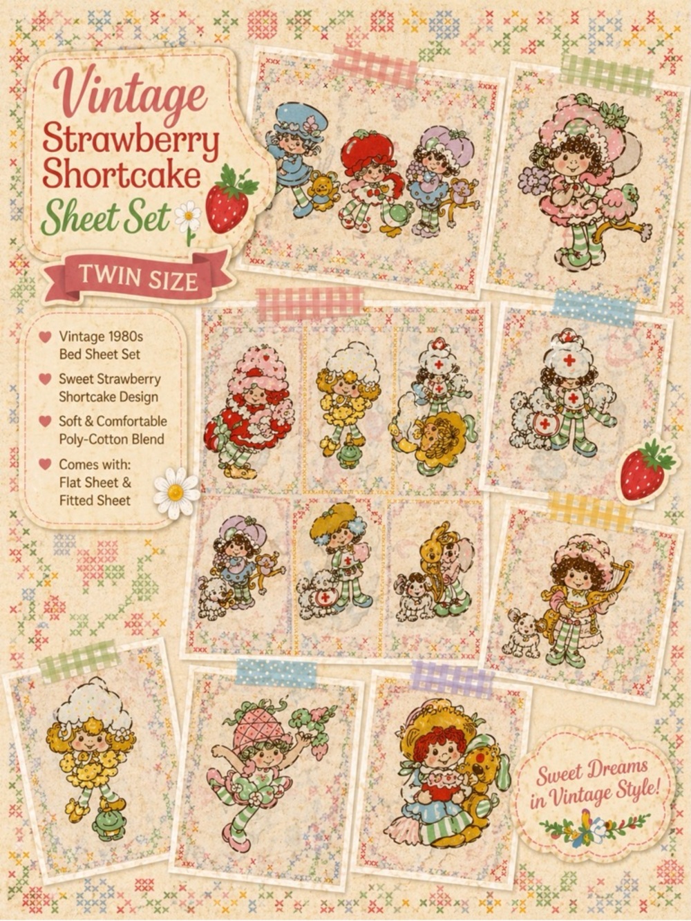 Vintage Strawberry Shortcake Twin Sheet Set 1980s Cottagecore